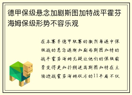 德甲保级悬念加剧斯图加特战平霍芬海姆保级形势不容乐观