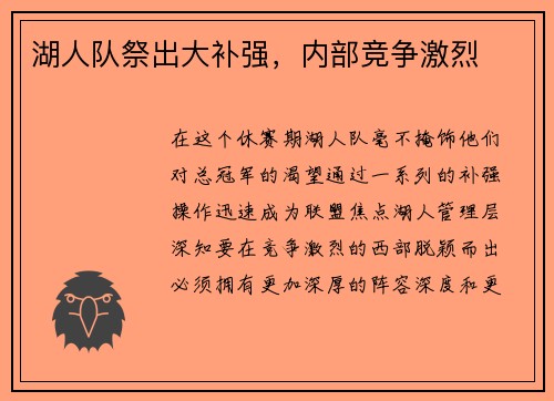 湖人队祭出大补强，内部竞争激烈