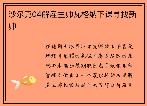 沙尔克04解雇主帅瓦格纳下课寻找新帅
